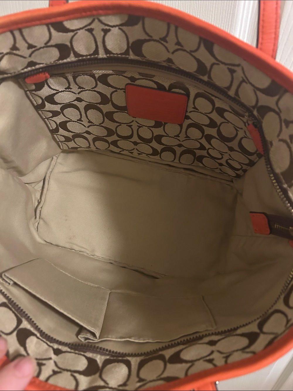 Coach Beige/Brown Signature Tote with Orange Trim - Picture 11 of 13